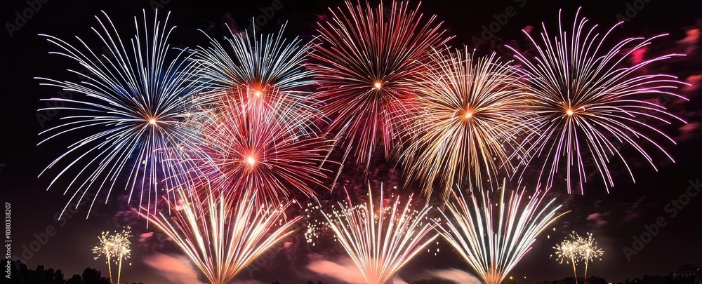 Spectacular fireworks display lighting up the night sky with vibrant colors.