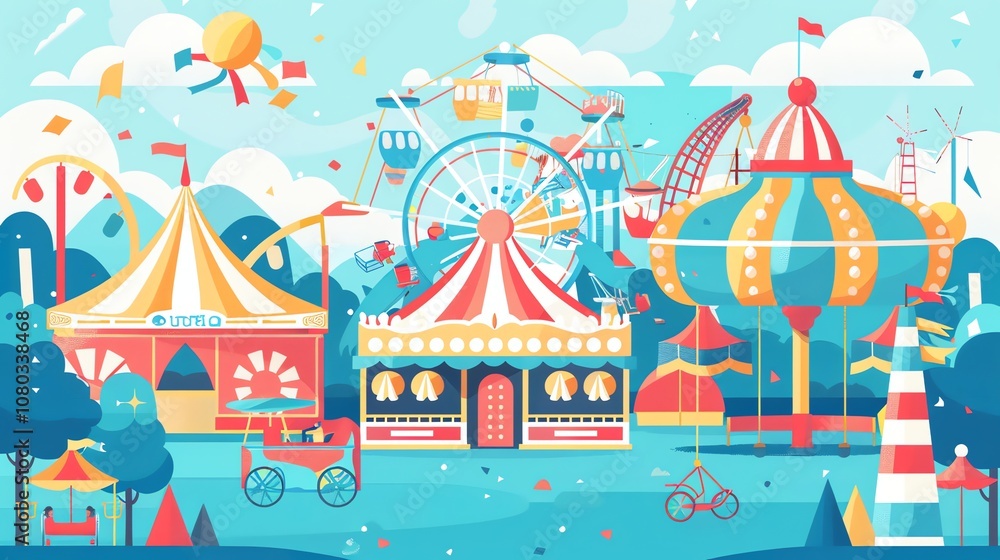 A colorful illustration of a carnival with rides, tents, and a Ferris wheel. A colorful illustration of a carnival with rides, tents, and a Ferris wheel.