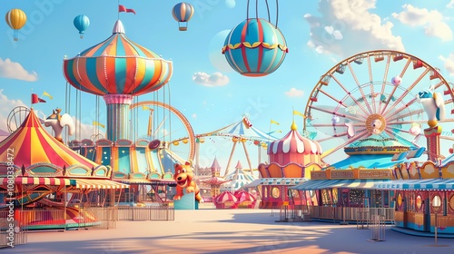 A cartoon illustration of a colorful carnival or fairground.