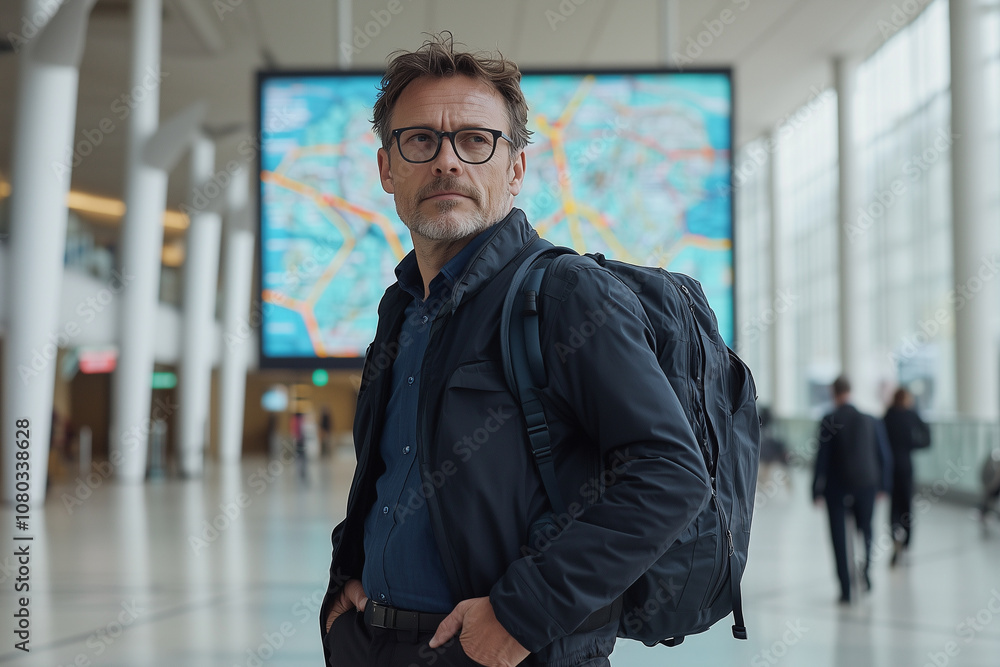 A businessman stands confidently in an airport terminal, hands in pockets, exuding sense of purpose and determination. modern architecture and digital displays create dynamic backdrop A businessman stands confidently in an airport terminal, hands in pockets, exuding sense of purpose and determination. modern architecture and digital displays create dynamic backdrop
