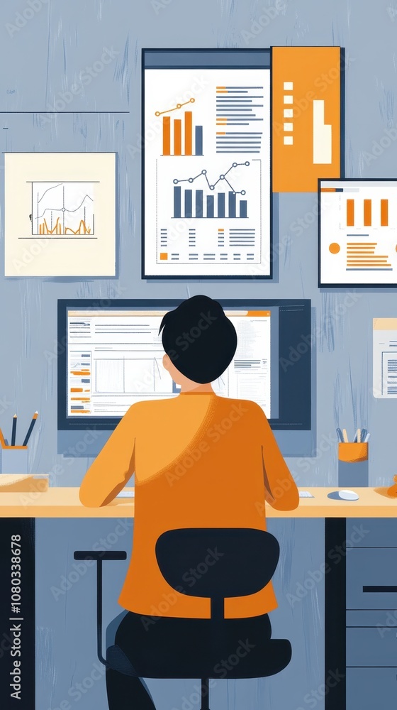 Man reviewing data at organized workstation Man reviewing data at organized workstation