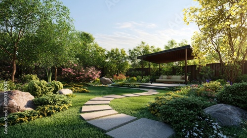 A serene garden landscape with a winding path, lush greenery, and a peaceful seating area under a wooden structure in bright daylight