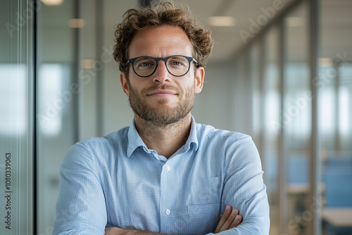 A confident clean energy specialist stands in modern office, showcasing his expertise and passion for sustainable solutions. His professional demeanor reflects commitment to greener future