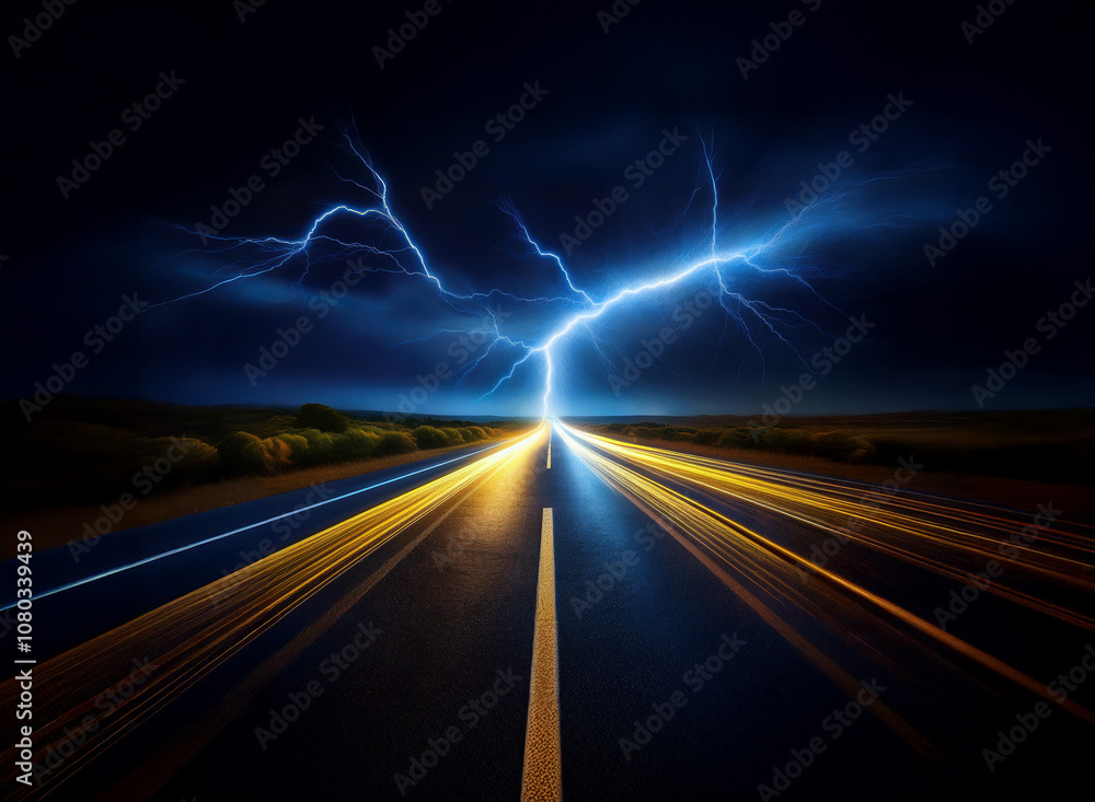 A long, straight road with yellow headlights streaks across a dark landscape as a lightning bolt strikes in the night sky. A long, straight road with yellow headlights streaks across a dark landscape as a lightning bolt strikes in the night sky.