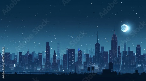 A stylized, digital illustration of a city skyline at night, with a full moon and starry sky.