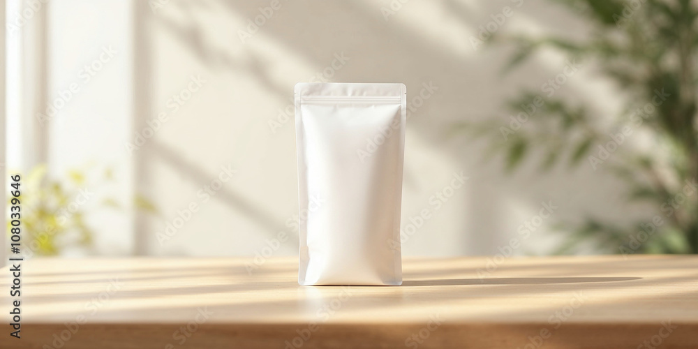 A coffee concept prepared for mockup, with a white coffee package on a light wooden table A coffee concept prepared for mockup, with a white coffee package on a light wooden table