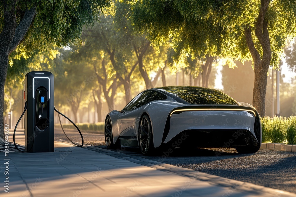 An electric car charging at a station in the countryside, with wind turbines in the background, green fields, bright sunshine, symbolizing renewable energy and environmental sustainability An electric car charging at a station in the countryside, with wind turbines in the background, green fields, bright sunshine, symbolizing renewable energy and environmental sustainability