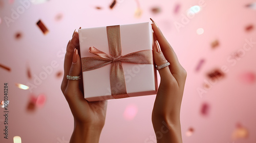 Hands adorned with delicate rings hold a beautiful gift box with a golden ribbon, set against a blush pink and rose gold background, sparkling confetti adding to the holiday ambian photo