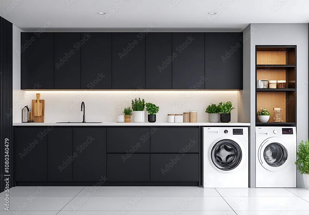 3D Rendering of a Minimalist Kitchen with Sleek Black Cabinetry and Modern Stainless Steel Appliances 3D Rendering of a Minimalist Kitchen with Sleek Black Cabinetry and Modern Stainless Steel Appliances