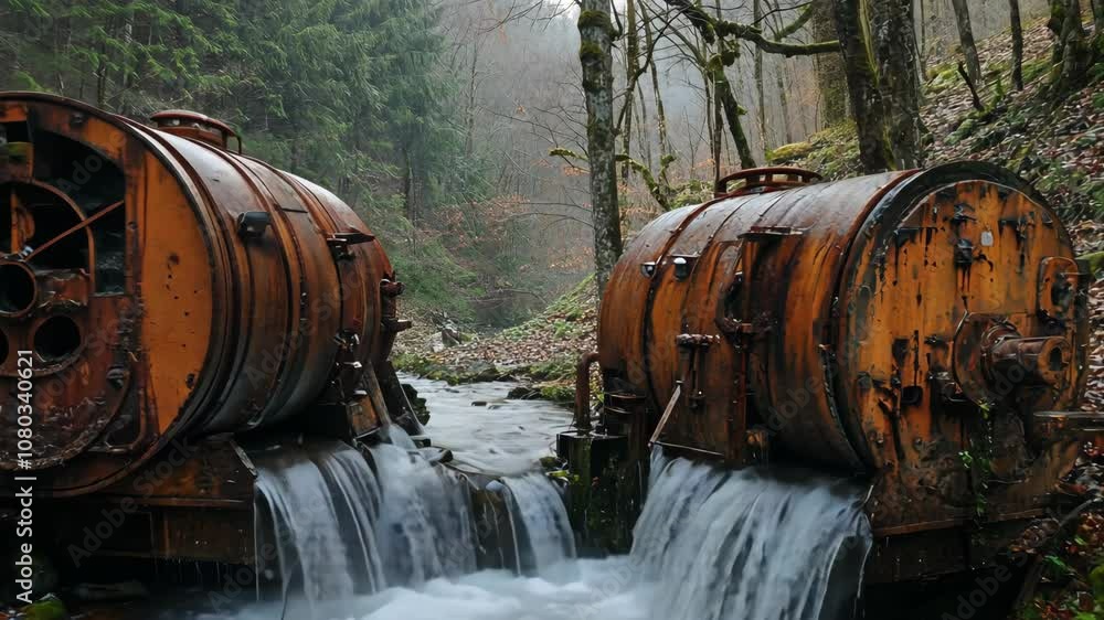 Two rusty industrial machines sit on a riverbank, water cascading from their sides Two rusty industrial machines sit on a riverbank, water cascading from their sides