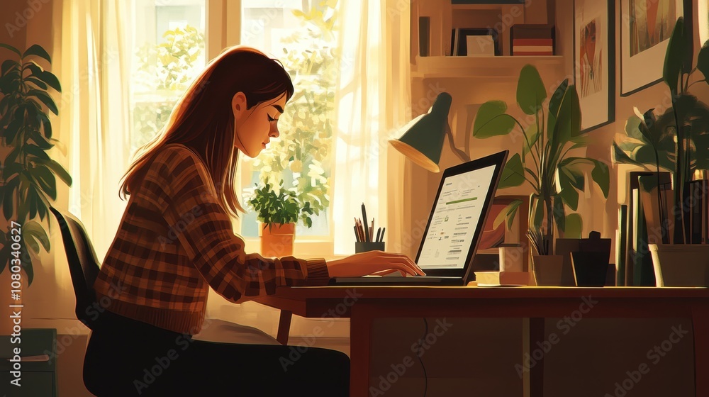 Woman Studying at Desk in Sunlit Room Woman Studying at Desk in Sunlit Room