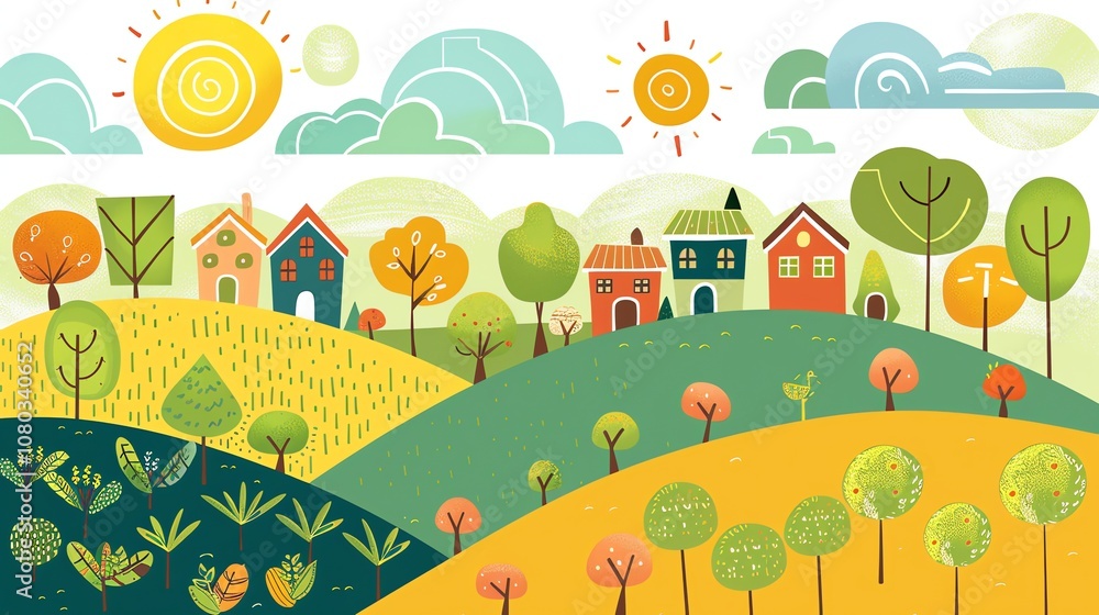 A cartoon illustration of a colorful village in a green valley. A cartoon illustration of a colorful village in a green valley.