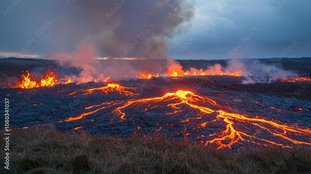 Lava flow erupting from a volcano against a dramatic sky, stunning natural display. Lava flow erupting from a volcano against a dramatic sky, stunning natural display.