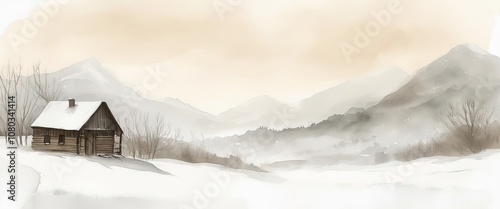 Watercolor drawing depicting a winter forest with snow-capped mountains and a wooden house on a light background.