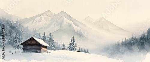 Watercolor drawing depicting a winter forest with snow-capped mountains and a wooden house on a light background.
