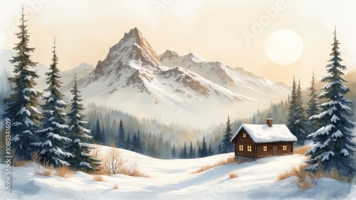 Watercolor drawing depicting a winter forest with snow-capped mountains and a wooden house on a light background.