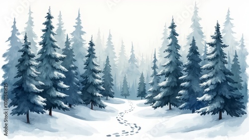 Watercolor drawing of a snow-covered forest in Scandinavian style. Drawing on a white background.