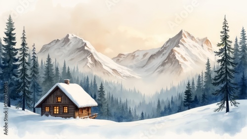 Watercolor drawing depicting a winter forest with snow-capped mountains and a wooden house on a light background.