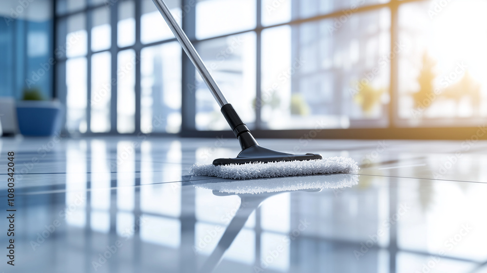 Close-up of mop sweeping across a high-shine floor, capturing an industrial-level clean with a spotless surface and subtle office reflections Close-up of mop sweeping across a high-shine floor, capturing an industrial-level clean with a spotless surface and subtle office reflections