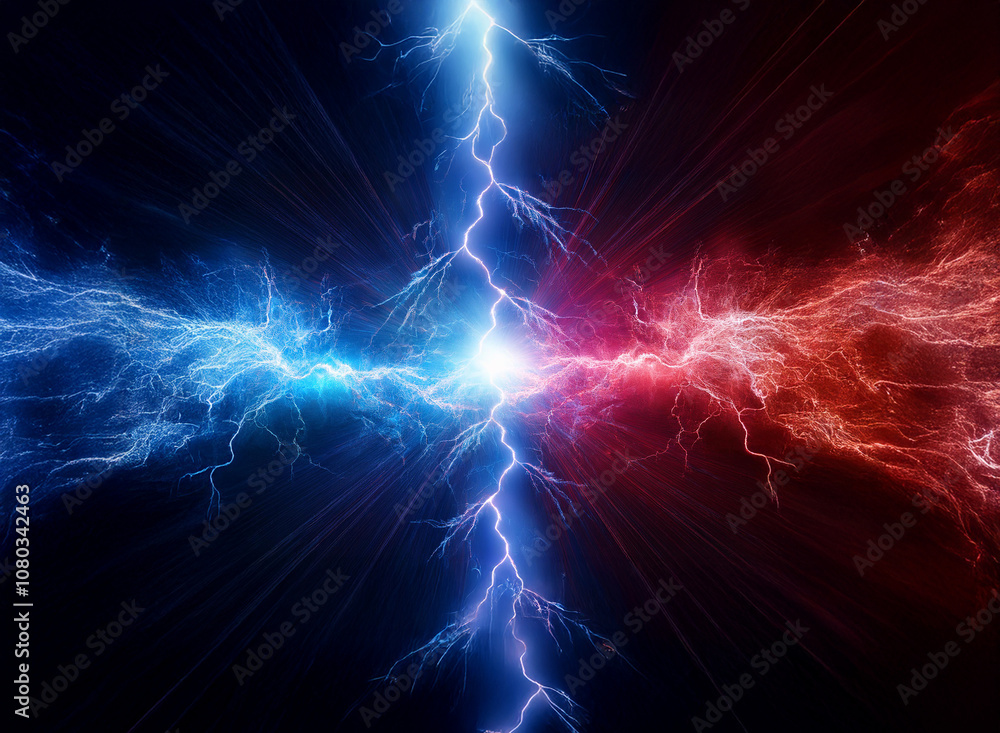 Blue and red lightning bolts clash in a dramatic display of energy, with the red light emanating from the right and blue light from the left. Blue and red lightning bolts clash in a dramatic display of energy, with the red light emanating from the right and blue light from the left.