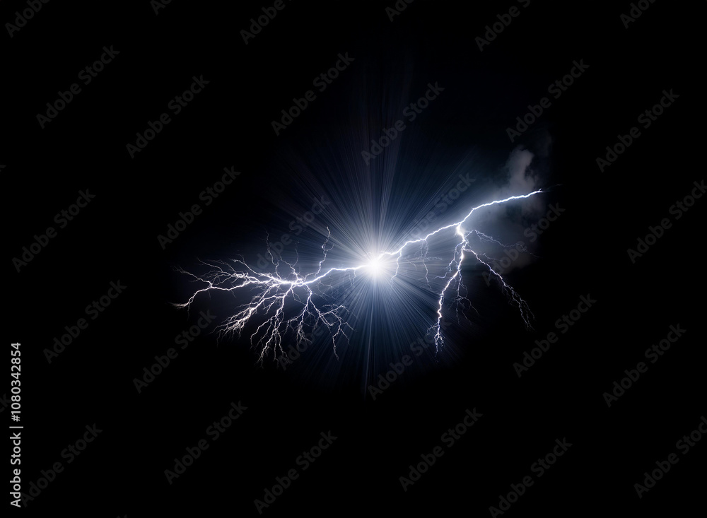 A white electric bolt of lightning with a bright flash of light in the middle against a black background.