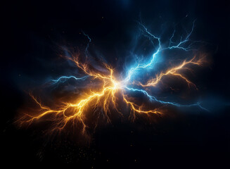 Clashing streaks of blue and orange lightning illuminate the dark background, symbolizing opposing forces.