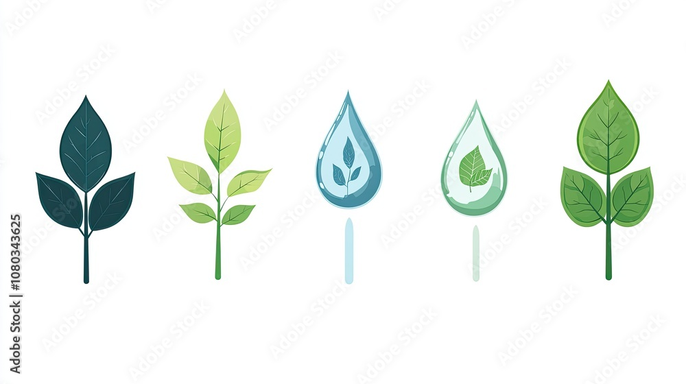 Illustrative Concept of Nature Elements with Leaves and Water Symbols for Eco-Friendly Designs and Sustainability Themed Projects in Modern Art Style Illustrative Concept of Nature Elements with Leaves and Water Symbols for Eco-Friendly Designs and Sustainability Themed Projects in Modern Art Style