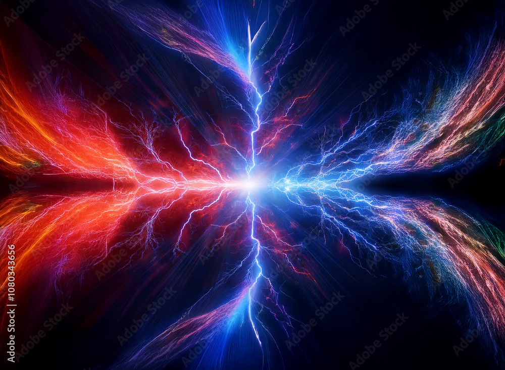 Abstract digital art depicting a clash of opposing forces, with a central burst of energy splitting into red and blue streaks. Abstract digital art depicting a clash of opposing forces, with a central burst of energy splitting into red and blue streaks.
