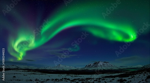 Northern lights above snow trees. Winter landscape with mountains and forest. Aurora borealis with starry in the night sky. Fantastic Winter Epic Magical Landscape.