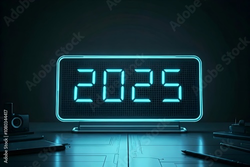 Digital clock on work desk showing 2025 date on it