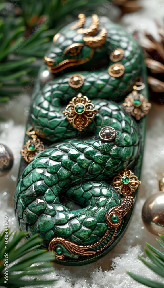 Fototapeta premium Emerald Green Dragon Figurine with Gold Details, Coiled Serpent Sculpture on Festive Background