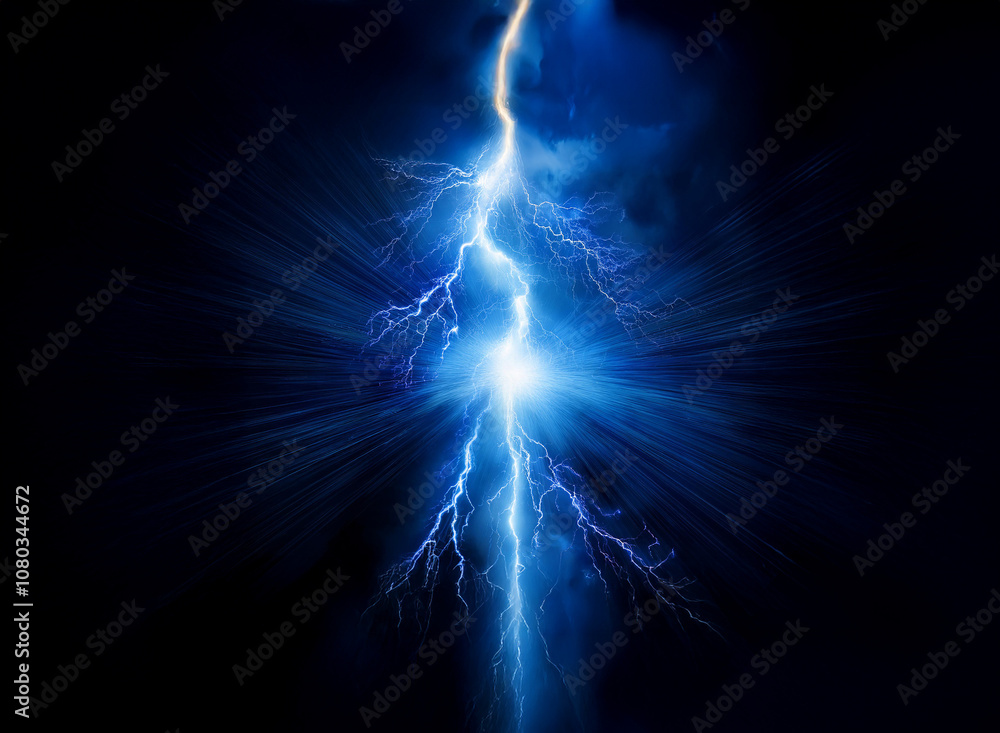 A bright blue lightning bolt streaks across a dark sky, emanating a powerful energy. A bright blue lightning bolt streaks across a dark sky, emanating a powerful energy.