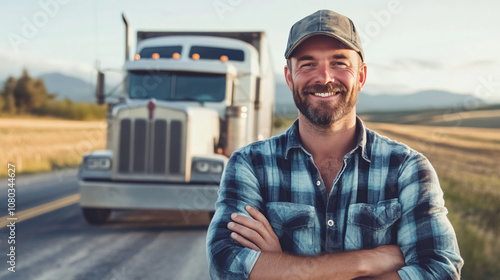 Confident truck driver posing with crossed arms and smiling in front of his semi-truck on a picturesque rural road