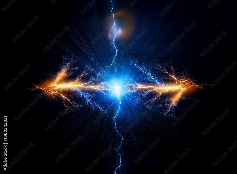 Two bolts of electricity, one blue and one orange, collide in a bright flash of light. Two bolts of electricity, one blue and one orange, collide in a bright flash of light.