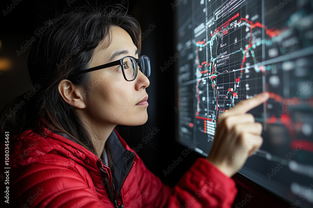 A logistics analyst in red jacket examines holographic data on screen, showcasing her focus and analytical skills. environment reflects high tech workspace A logistics analyst in red jacket examines holographic data on screen, showcasing her focus and analytical skills. environment reflects high tech workspace