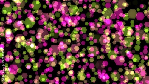 Abstract hexagonal pattern with pink and green lights on a black background
