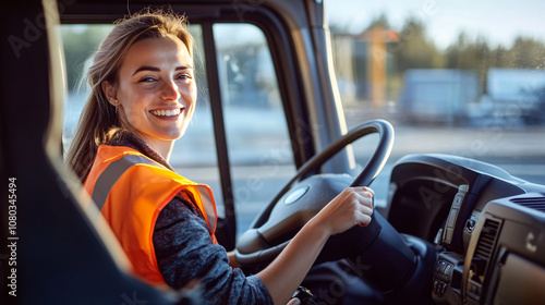 Smiling young female truck driver in safety vest driving a truck on a sunny day photo