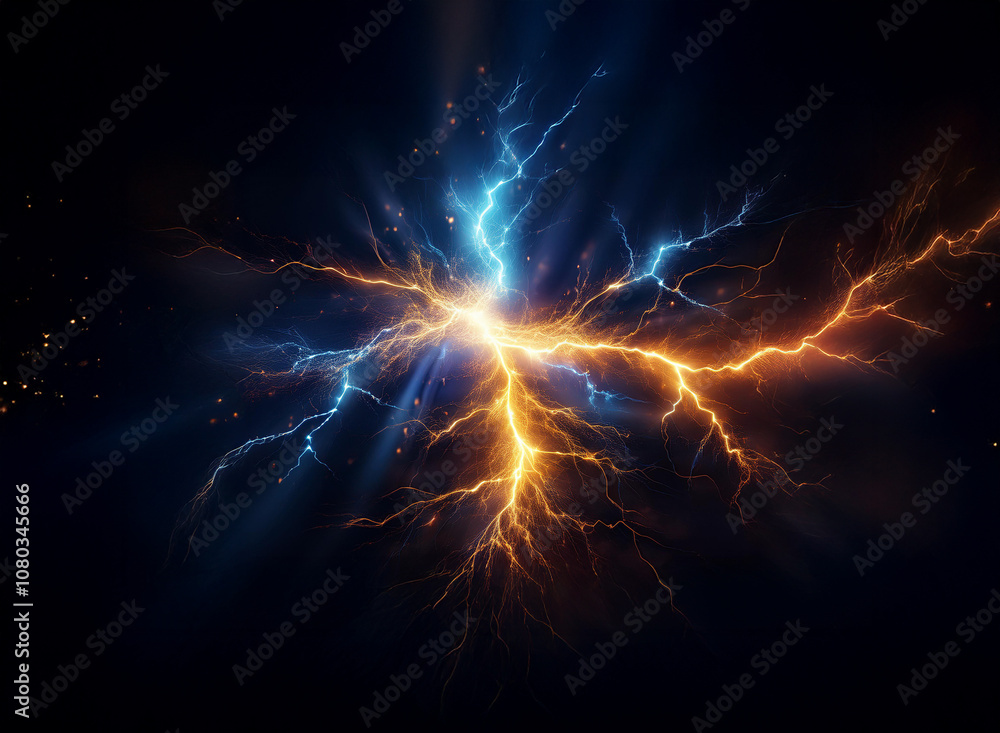 Two bolts of electricity, one blue and one yellow, clash in a burst of energy against a dark background. Two bolts of electricity, one blue and one yellow, clash in a burst of energy against a dark background.