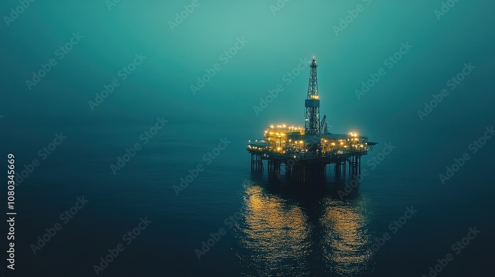 A single oil rig in the ocean at dusk. The image can be used to represent energy production or the impact of humans on the environment. A single oil rig in the ocean at dusk. The image can be used to represent energy production or the impact of humans on the environment.