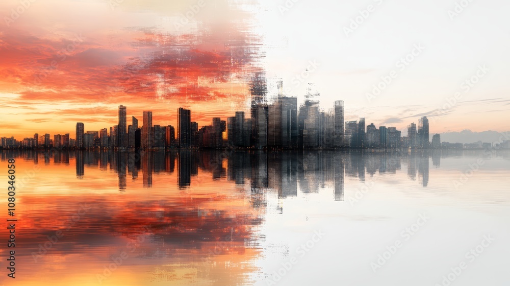 Fototapeta premium Spectacular city skyline reflection at sunset, a stunning urban panorama of modern architecture and cityscape