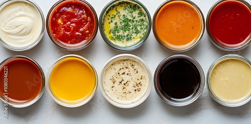 A variety of sauces and condiments in jars arranged in a row.