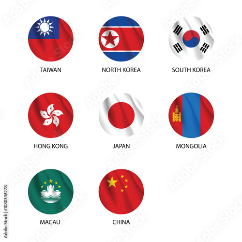 round flags of east asia countries as badges