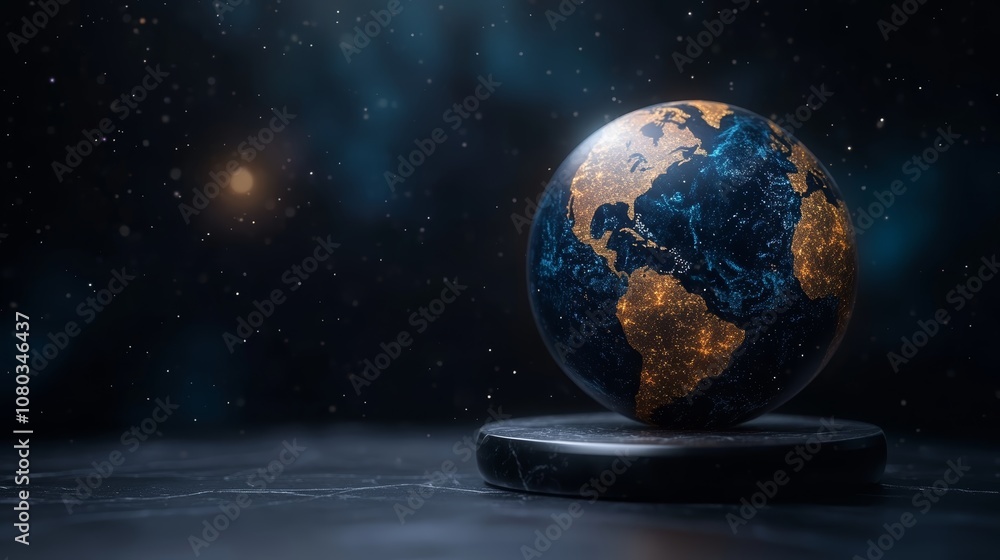 Blue globe on black surface, exploring world geography, global connections, and environmental sustainability Blue globe on black surface, exploring world geography, global connections, and environmental sustainability