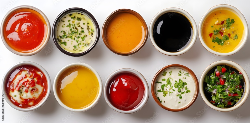 A variety of colorful sauces in small bowls, showcasing diverse flavors for dipping or dressing. A variety of colorful sauces in small bowls, showcasing diverse flavors for dipping or dressing.