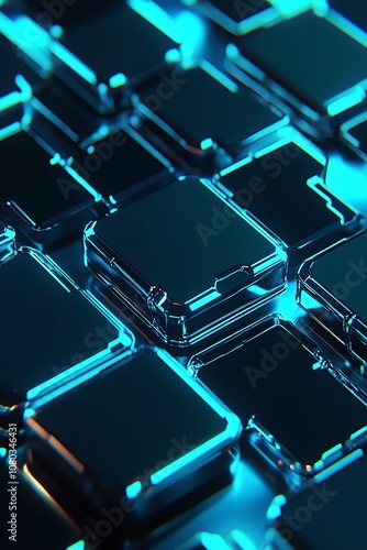Abstract close-up of metallic cubes with glossy surfaces illuminated by blue light, creating an intricate geometric pattern that reflects modern technology and innovation.