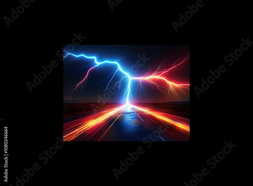 A blue and red lightning bolt strikes a highway with streaks of red and yellow light in the background.