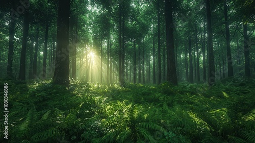 Tranquil Forest Scene with Sunlight Filtered Through Green Foliage and Lush Ferns on the Forest Floor Creating a Serene Atmosphere of Nature’s Beauty