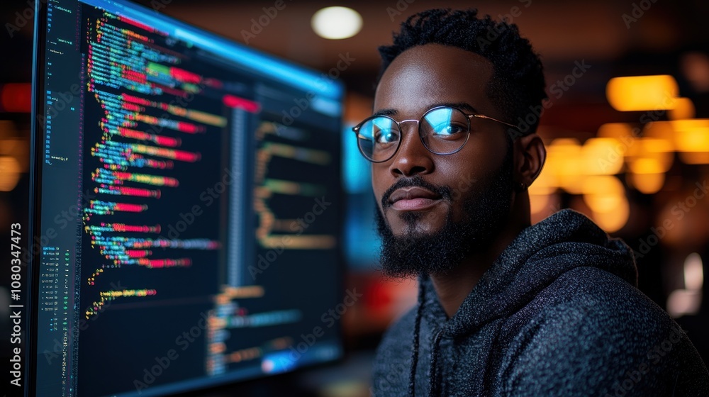 A focused individual programming at a computer screen with code. A focused individual programming at a computer screen with code.