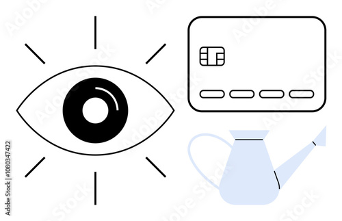 Eye with radiating lines beside a credit card and watering can. Ideal for financial growth, security, investment, savings, banking, vigilance, and nurturing prosperity. Line metaphor