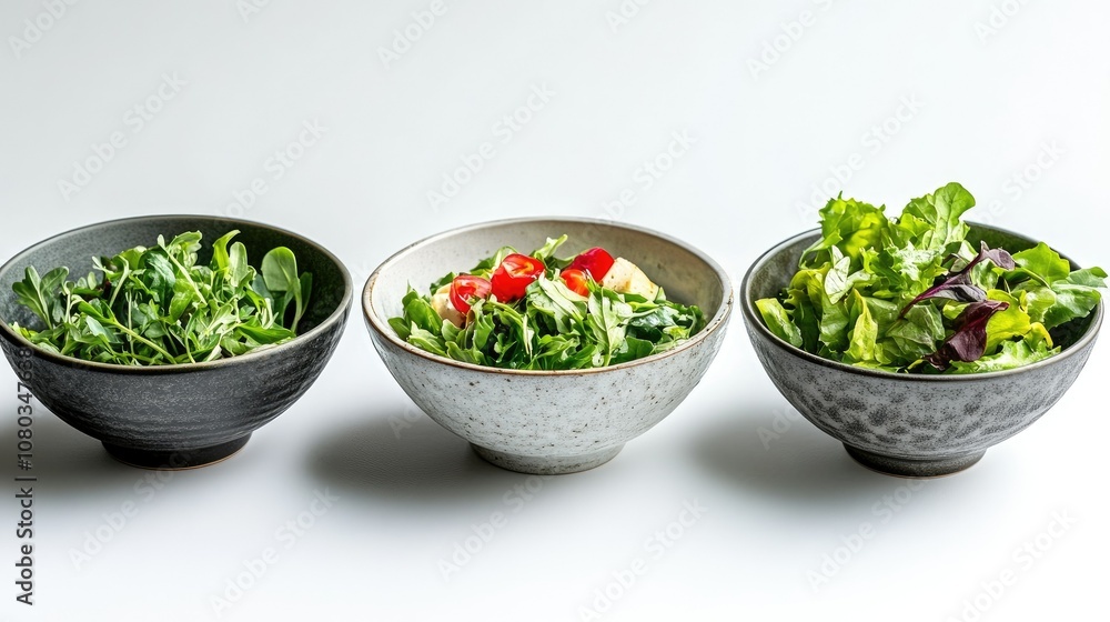 Fresh and Healthy Salad Bowls Featuring Diverse Greens and Vegetables for a Nutritious Meal and Vibrant Culinary Presentation on White Background Fresh and Healthy Salad Bowls Featuring Diverse Greens and Vegetables for a Nutritious Meal and Vibrant Culinary Presentation on White Background